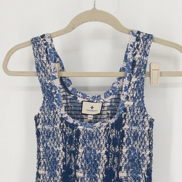 Tuckernuck Bondi Blues Floral Toile Smocked Mallie Midi Dress XXS Cotton Ruffle - Picture 3 of 8